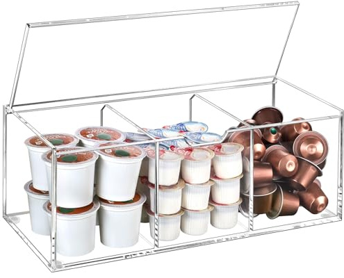 BEYGORM Acrylic Coffee Pod Holder with Lid for 24 Kcup, Clear Coffee Capsule Storage Organizer,3 Compartments Coffee Bar Station Organizer Compatible with Coffee Pod, Coffee Creamer