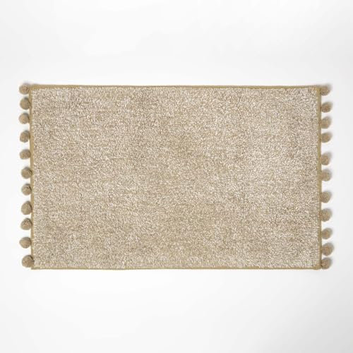 Homescapes Pompon Badematte 50x80 cm beige, Badteppich getuftet, Baumwoll-Badvorleger mit Bommeln