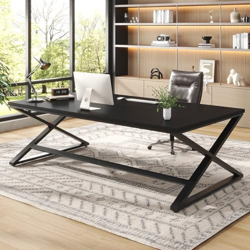 IBF Black Desk, Large Home Office Work Desk, 78.7” Long Computer Desk, Simple Wide Study Writing Desk, Wood Metal Double PC Executive Workstation Gaming Desk Computer Table for Bedroom, Black Oak