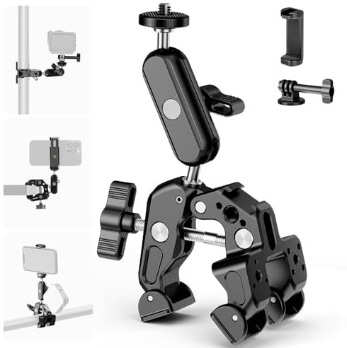 NEEWER Super Clamp con 3 Brazo Mágico Doble Cabeza Esférica, Phone Clamp Cámara con Roscas 1/4 3/8, Soporte Teléfono, Adaptador Cámara Acción Compatible con GoPro dji iPhone 16 15 Pro MAX, ST88