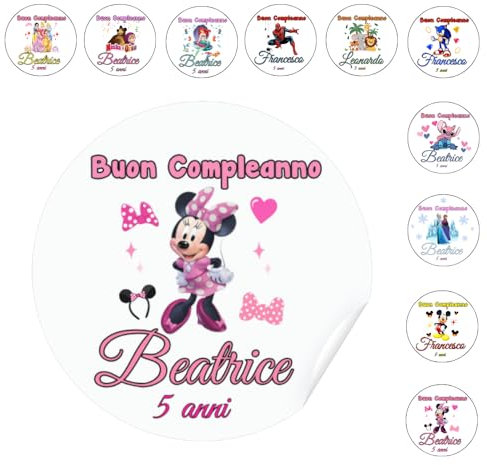 50 Etichette Tag adesivi Personalizzati Chiudipacco Sacchetti Compleanno Bambini Dopofesta Catoni Bomboniere Scatoline Portaconfetti dopo Festa (Minnie)
