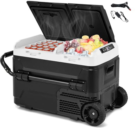 GOPLUS 40L Kompressor kylbox med dubbelzon, minikylskåp - 12V/240V | LED-display | USB-anslutning, elektrisk kylbox med hjul & handtag, -20 ℃ till 20 ℃, för bil, lastbil, båt, husbil, camping