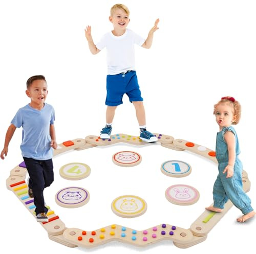 EULEUY Parcours de Motricité avec Poutre d'Équilibre en Bois pour Enfants 3-8 Ans-Jeu Éducatif avec Pierres Colorées Amovibles,Entraînement Équilibre et Motricité-Utilisation Intérieur/Extérieur