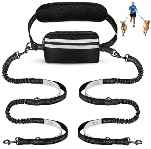 Laisse Mains Libres pour Chien avec Pochette, Double pour Deux Chiens, Laisse rétractable avec Double poignées rembourrées, montée à la Taille pour la Course, la Marche, Le Jogging (Noir/Gris)