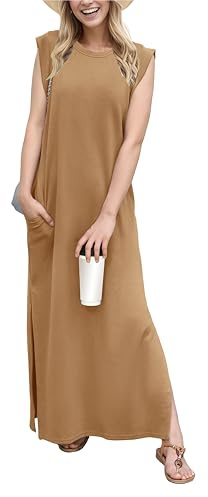 GRECERELLE Summer Maxi Dress Wedding Guest Maternity Party Casual Shirt Elegant Sleeveless Dresses for Ladies with Split and Pockets (Camel,S)