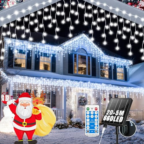 GCMacau Solaire Guirlande Lumineuse Extérieure [20m +5m], 660LEDs Guirlande Noel Extérieure,8 Modes,Extensible, Rideau Lumineux Noë Alimentation USB,IP65 Etanche Avec télécommande Timer（Blanc）