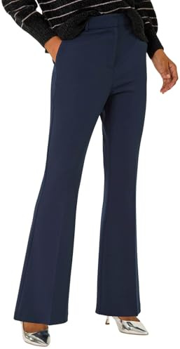 Roman Bootleg Trouser for Women UK Ladies Bootcut Stretch Flared Winter Autumn Long Full Length Pull-On Casual Smart Work Office Wear Business Soft Flattering - Navy Short (70 CM) - Size 12