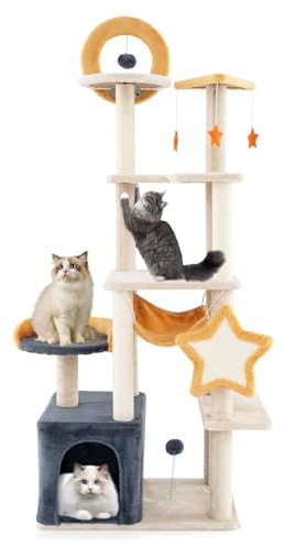 GYMAX 160cm Arbre à Chat, Recouvert de Peluche, Plateformes 8 Couches de Saut et de Repos, Condo et Hamac Douillets, Poteaux et Tapis de Grattage en Sisal, Jouets Suspendus, Balle à Ressort