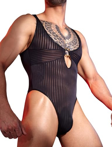 AIEOE Herr body sexig transparent onepiece underkläder randig bodysuit stringbody med tryckknapp sissy underkläder underkläder