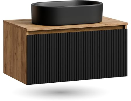 Planetmöbel - Set di mobili da bagno, composto da mobile sottolavabo da 80 cm in oro, rovere nero (a righe), lavandino da 55 cm nero, incluso sifone salvaspazio