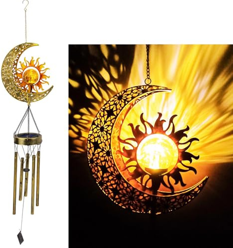 YZYOE Carino solare alimentato sole e lune vento campana luce decorativa, ferro arte sole e lune vento campana, un regalo portatile a LED luce decorativa all'aperto per gli amici.