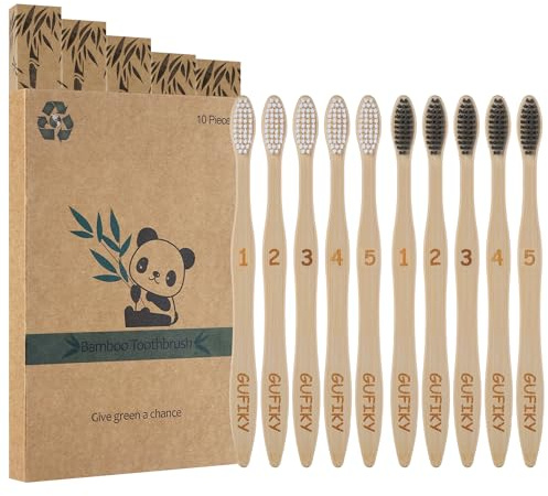 Gooficle Gufiky Bamboo Toothbrushes - 10 Pack, Soft Castor Oil Bristles Natural Toothbrush, Biodegradable, Non-Toxic Eco-Friendly Wooden Toothbrush for Adults, Plastic-Free Toothbrush & Packaging