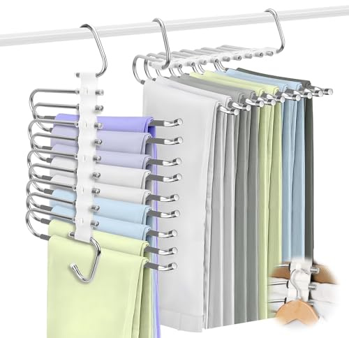 ZPQAODI 2 Pezzi Grucce Salvaspazio per Pantaloni, 9 in 1 Acciaio Inossidabile Grucce Pantaloni, Antiscivolo Appendiabiti, Pieghevoli Antiscivolo Multiuso, Ognuno Può Contenere 9 Pezzi (Bianco Grigio)