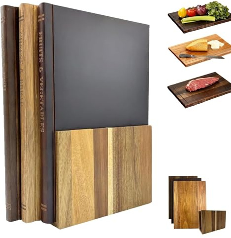 Set di 3 taglieri in legno massello, a forma di libro, con supporto, per verdure, formaggio, pane e carne, regalo decorativo