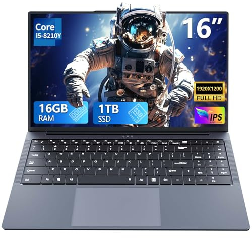 Ordenador Portátil 16 Pulgadas, PC Portátil con Procesador Core i5 8210Y, 16GB RAM 1TB SSD, Laptop Win 11 con Pantalla FHD IPS 1920*1200, Teclado Retroiluminado Type-C, Computadora Portátil Versátil