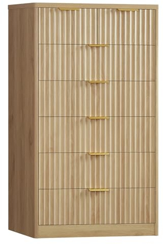 TEENFON Comò Alto a 7 Cassetti con Righe Verticali, Comò 122 cm di Altezza con Maniglie in Metallo, Contenitore in Legno Massello per Abiti, per Camera da Letto e Ingresso, Legno Naturale