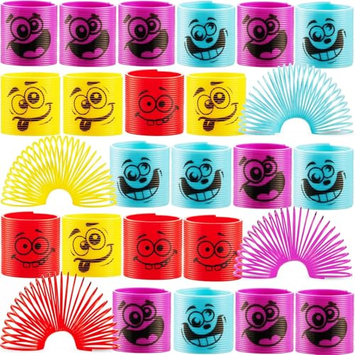 Bedwina Méga pack de 50 ressorts hélicoïdaux pour enfants – assortiment de visages rigolos et couleurs variées, mini jouets à ressort pour fêtes, pochettes surprises, cadeaux et chaussettes de Noël