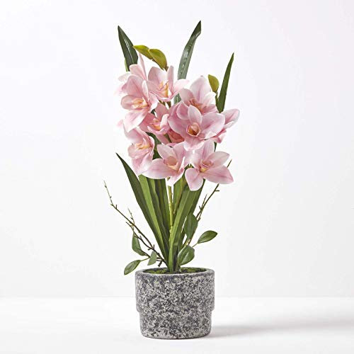 HOMESCAPES Artificial Pink Orchid in Pot 58 cm Tall Lifelike Faux Orchid Plant In Grey Cement Pot with Real Touch Silk Flowers and Green Leaves Cymbidium Orchid Flower for Indoor Decoration