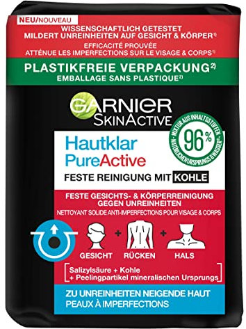 Garnier feste Reinigung, plastikfrei, mit Kohle & Salicylsäure für unreine Haut, mildert Hautunreinheiten in nur einer Woche, SkinActive, Hautklar, 100g
