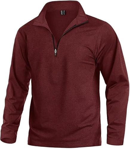 KEFITEVD Camiseta deportiva de manga larga con cremallera de 1/4 para hombre, para gimnasio, correr, senderismo, pesca, con cuello alto, rojo vino, L