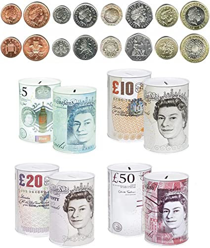 Direct Mart Money Savings Tin, Compact Cash Tin with Note & Coin Slot Opening, Tin Cans Durable Metal, Piggy Bank for Kids & Adults, Keyless Coin Bank(£5,10,20 & 50)Multicolor 15x10x10 cm Assorted 1pk