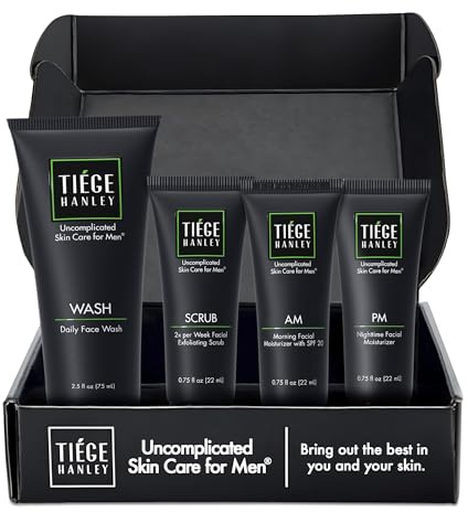 Tiege Hanley Mens Skin Care Set, Essential Skin Care Routine for Men (System Level 1) - Face Wash Kit for Fines Lines & Wrinkles - Men's Skincare Set Includes Face Wash, Facial Scrub, & Moisturizer