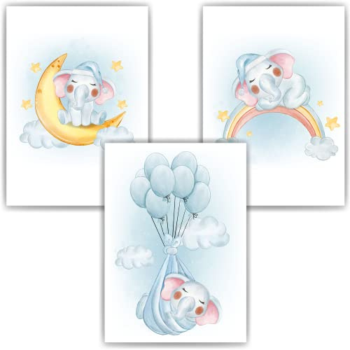 3er Set Kinderposter Tiere DIN A4 Poster Bilder für Kinderzimmer Babyzimmer Wandbilder Kindergeburtstag Babyparty Geschenkidee Deko (Elefant)