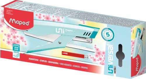 Maped - Material de Oficina - Grapadora Univ Metal de Pinza - Capacidad de Grapado Simultáneo 20/25 Hojas - Diseño en Color Azul Pastel - Con Función de Quitagrapas