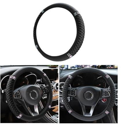 CGEAMDY Auto-Lenkradbezug, Leder Bestickte Farbe Diamantbesetzte Elastische Lenkradabdeckung, Anti Rutsch Universal Auto Lenkradhülle, Für Alle Jahreszeiten (Schwarz)