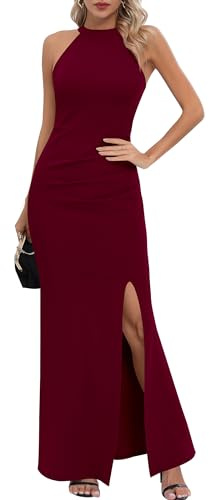 Missufe, abito da donna maxi, per feste, con scollo a imbuto, senza maniche, elegante, bodycon, lungo, da ballo, Bordeaux, L
