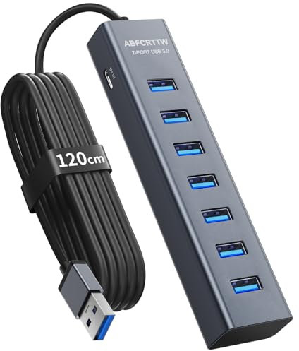7 Porte Hub USB 3.0 con 120cm Cavo per Desktop, Alluminio Hub USB Multipresa USB Sdoppiatore con USB 3.0 5Gbps, 5V 3A USB-C Alimentato per PC, Laptop, MacBook, U-Disk, Mouse, Tastiera, ecc.