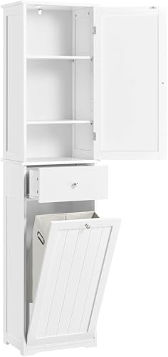 Yaheetech Bathroom Tall Cabinet with Laundry Bin, Bathroom Storage Unit with 1 Drawer and 1 Laundry Hamper, White, 180cm Height