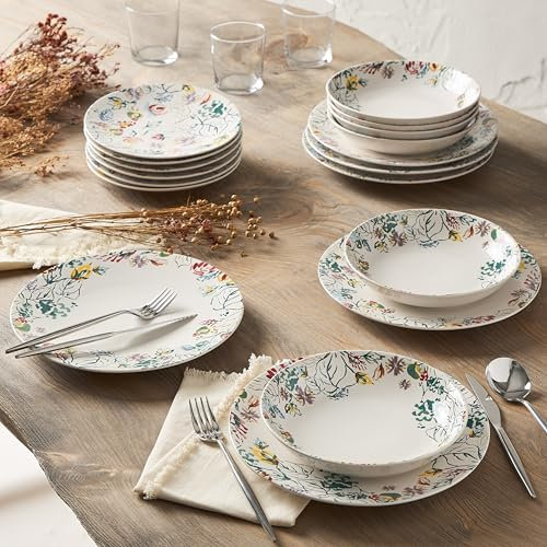 Geneviève Lethu 545866 Service de Table en grès 18 pièces pour 6 personnes - Assiettes plates, assiettes creuses, assiettes à dessert de la Collection A Travers Champs - Décor Floral Multicolore
