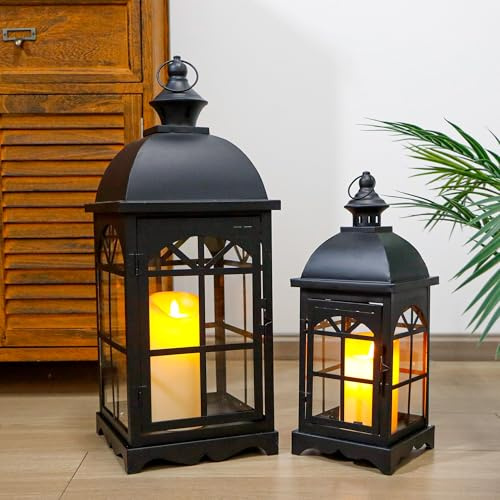 TRIROCKS Set of 2 Decorative Vintage Candle Lanterns 14.5&20 H Farmhouse Outdoor Hanging Lanterns with Tempered Glass for Porch, Balcony, Patio, Home, Centerpieces, Indoor, Outdoor(Black)