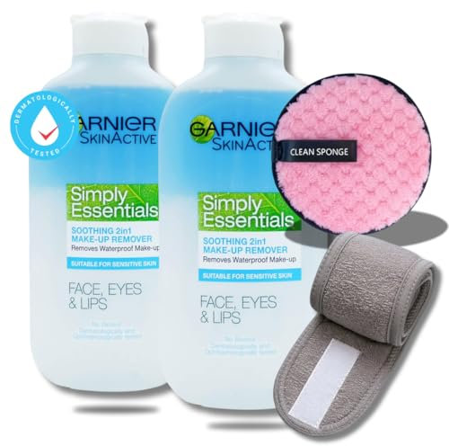 Eye Makeup Removal Travel Bundle – Includes 2 x Simply Essentials Soothing 2-in-1 Eye Makeup Remover (200ml), 1 x Reusable Soft Makeup Pad, and 1 x BVO Luxe Headband for Make up Skincare Routines