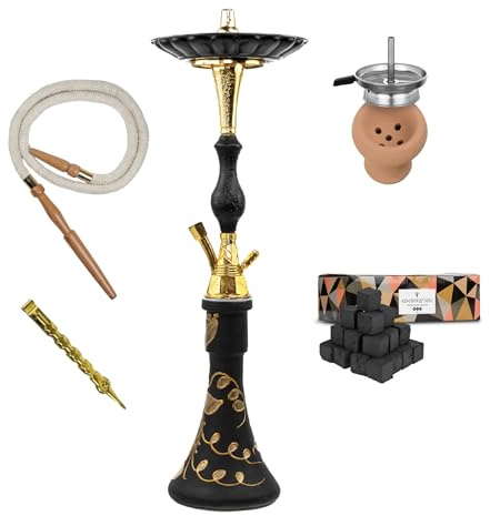 Pharaoh Traditionell Shisha Vattenpipa 70 cm – Handgjord i Guldmässing, Lerskål + Värmehanterare, Skinn/Träslang, 1 kg Cocobration Kol | Komplett Set utan Kolbricka & Munstycken