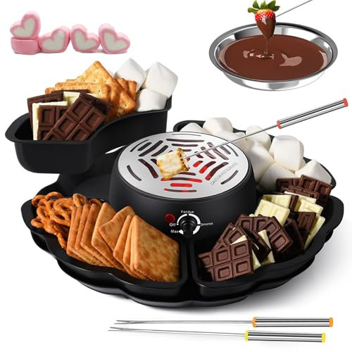 Maker & Chocolate Fondue Set, Mes De Mesa 2 En 1 Kit con Control Temporal Y 10 Accesorios, Tostador De Malvavisco Eléctrico De 280w para Fiestas, Noches De Cine Y Regalos