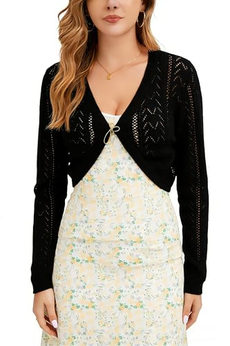 Chaqueta Torera de Punto Bolero Mujer Patrón Calado Hueco Abajo Redondeada Chaqueta Cárdigan Corto Torera Través Capa Manga Larga para Boda Corta Crochet Fiesta Elegante Negro XXL