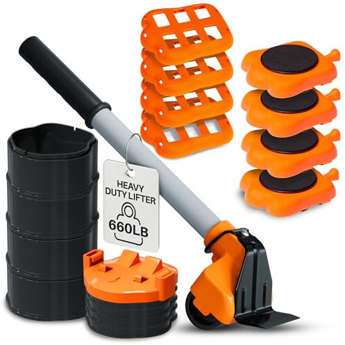 MouZie Heavy Duty Furniture Lifter & Moving Kit – Lift & Glide Couches, Beds, Appliances with Ease – 4 Roller Sliders (660 lbs Each), Adjustable Height Lifter, Carpet Adapters for All Floors