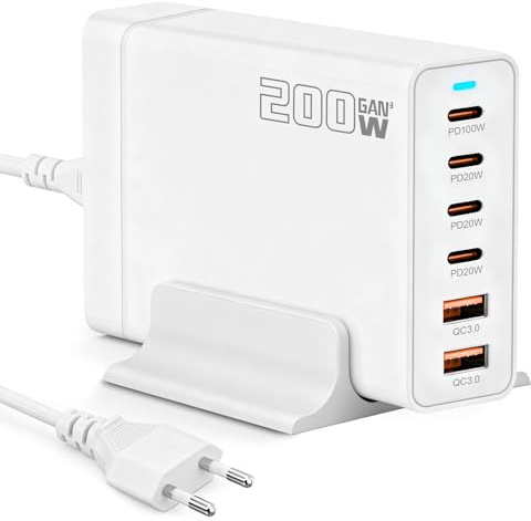 200W Estacion de Carga GAN IV, 6-Port Estación de Carga Carga Rápida de 100W, USB C Charging Station Multiple Compatible con MacBook Air/Pro, Regalos Originales Cumpleaños para Hombre