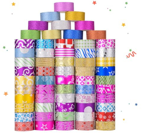 BetterJonny 60 rouleaux de ruban adhésif Washi Tape, Briller Washi Tape Set Ruban adhésif coloré,Saupoudrer Coloré Masking Tape pour scrapbooking, bricolage et bullet journals (3 m x 15 mm/Rollen)