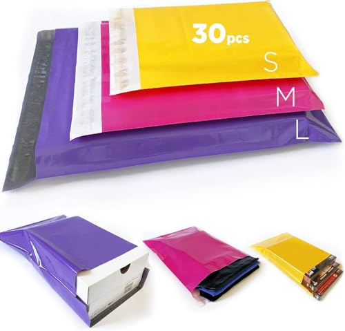 Enveloppes plastiques Sacs d’expédition colorées, Emballage colis Vinted pour vêtement, livre, boîte à chaussure, Pochettes envoie (32X45 25X35 20X30, Violet Rose Jaune, 30pcs)
