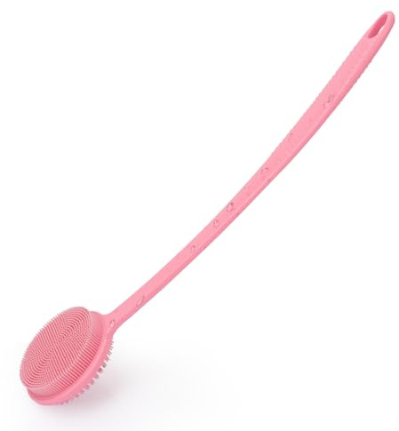 Ryggborste dusch, silikon ryggborste med långt handtag dubbelsidig kroppsborste duschborste rygg silikon kropp skrubb badborste massageborste kropp peeling borste för kvinnor, män, rosa