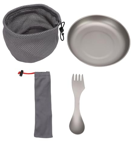 POENVFPO Campingredskap Set 3 i 1 Ti Campingrätter Legeringsgaffel med 7,7 Tums Tallrik för Vandring Utomhuspicknick