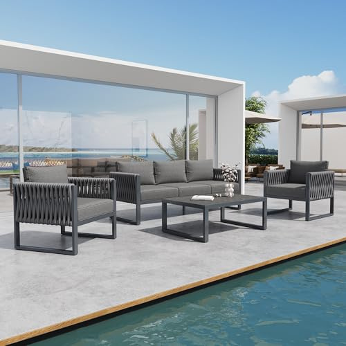 TIZZ Juego de muebles de jardín de 5 plazas, sofá de exterior, salón de jardín con patas ajustables, tapizados y estructura de metal inoxidable para balcón y terraza, color gris