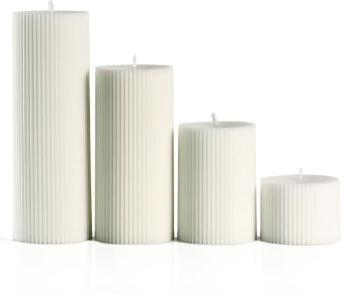LETINE 4PCS Ribbed Pillar Candles Multipack, Ivory, Large Unscented Candles | Long Burning Time candles Made of Premium Paraffin Wax for Christmas, Advent and Home Decor, Various Sizes 20-15-10-5, Ø7cm
