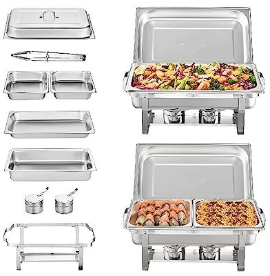 EDEDE 8QT Confezione da 2 Chafing Dish Buffet Set Chafer in Acciaio con 2 padelle Intere e 4 Mezze Dimensioni Scaldavivande Rettangolare con Coperchio
