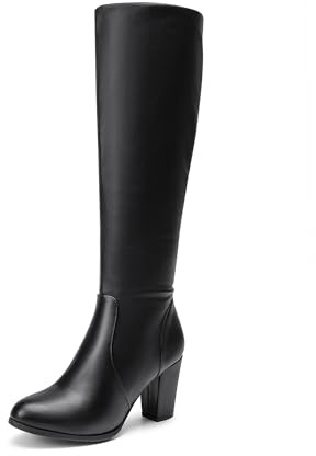 DREAM PAIRS Women's Chunky Heels Knee High Boots,Black/Pu,7
