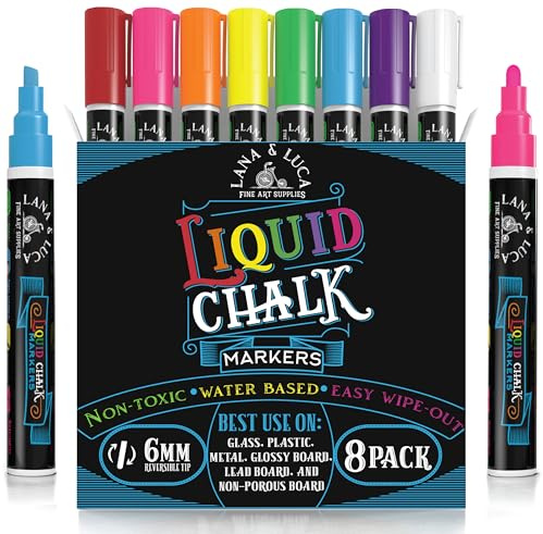 LANA & LUCA Liquid Chalk Markers for Blackboards - Bold Color Dry Erase Marker Pens - Chalkboards Signs, Windows, Blackboard, Glass - 6mm Reversible Tip (8 Pack)