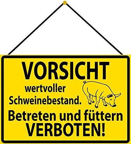 Blechschild mit Kordel 30 x 20 cm Warnschild: Vorsicht wertvoller Schweinebestand. Betreten und füttern VERBOTEN ! - Blechemma